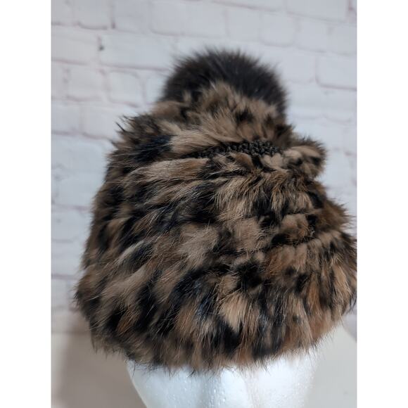 Marcus Adler New York Genuine Rabbit Fur Cheetah Print With Fox Pom Hat - Picture 2 of 12